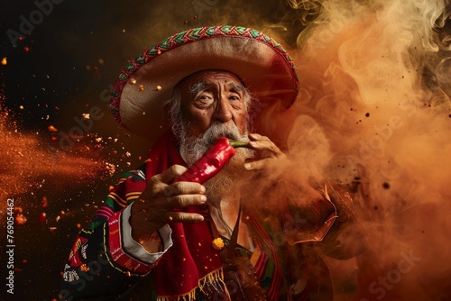 An elderly Mexican man in a sombrero with chili pepper in his hands