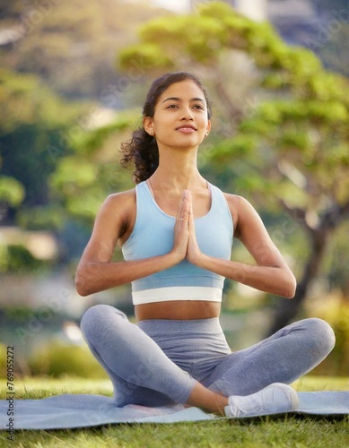  Fitness, woman and yoga breathing in relax for spiritual wellness, mental wellbeing or calm exercise in nature. Female relaxing, exercising and training in warm up breath activity for healthy workout