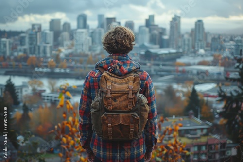 A pensive urban wanderer contemplates the bustling cityscape below from a high vantage point during the calm of autumn