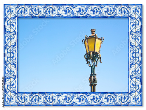 Typical classic portuguese streetlight - image with copy space - Azulejos frame concept