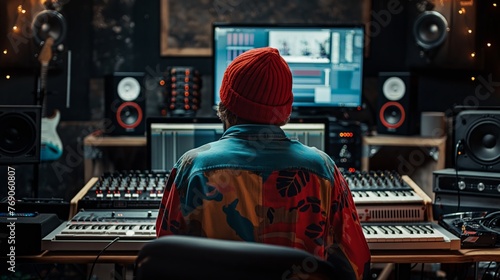 A man in a red beanie and colorful shirt making musik in a recording studio.