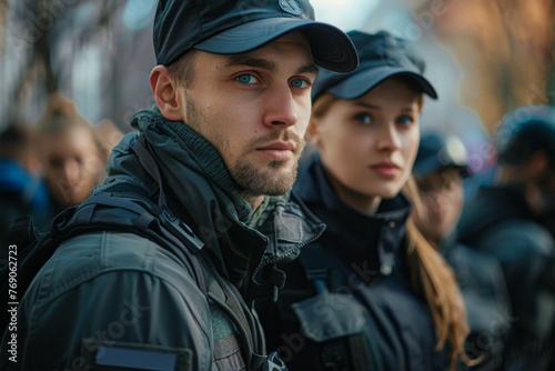 Two men in black uniforms stand in a line