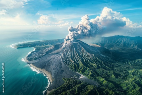 an aerial view of a volcano erupting into the ocean