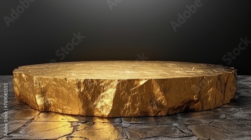 Golden stone podium on dark background, 3d platform with marble showcase in studio presentation