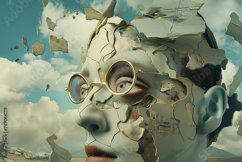 A surreal combination of crumbling pince-nez, smeared with man's face, collage, iconic style, AI generated