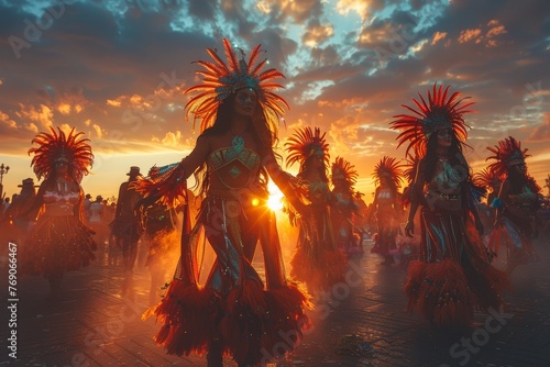 A powerful traditional dance performance captured in silhouette against a breathtaking sunset backdrop