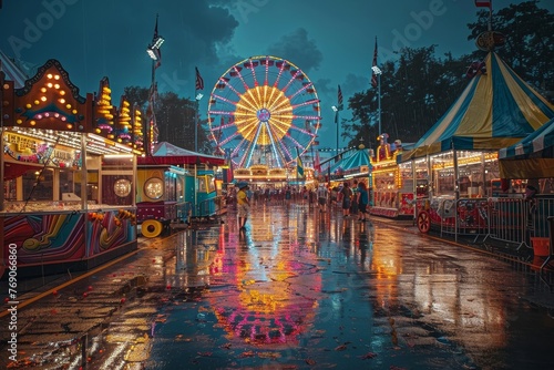 Visitors wander through a drenched funfair as the Ferris Wheel's lights pierce through the twilight sky