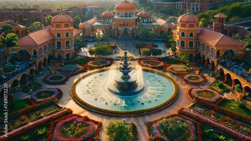 An aerial perspective of a breathtaking garden showcasing vibrant flora and a grand fountain as the centerpiece