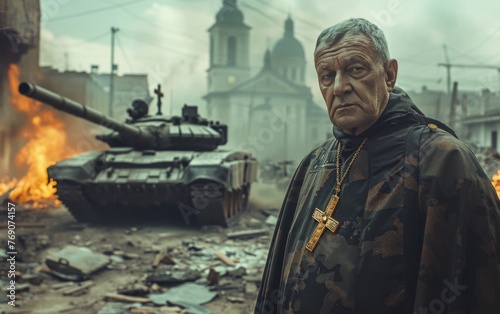clergyman with golden cross around neck on background of ruined city and tank