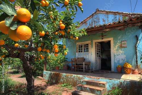 An orange tree stands proudly in front of a charming blue house, the vibrant colors creating a harmonious and picturesque scene