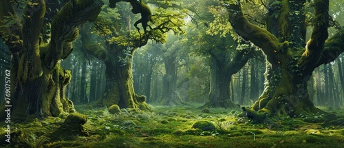 An ancient forest comes to life with towering trees, their gigantic trunks and sprawling branches enveloped in a misty glow, creating an ethereal scene..