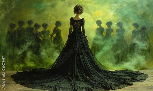 Woman in Victorian style black dress, standing in a dramatic pose against dark vintage green textured background.