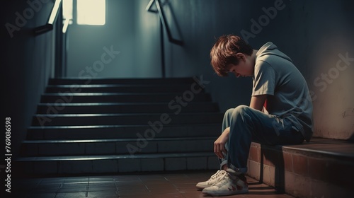 Bullying Concept: Depressed Boy Sitting Alone