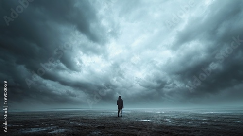 Person standing alone in a vast, desolate landscape with a stormy sky overhead, representing the emotional isolation and unease associated with feeling abashed. 