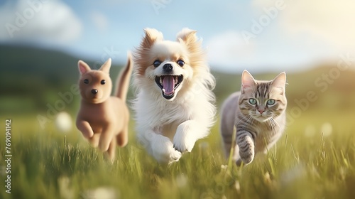 Cute Funny Dog and Cat Group Jumps and Running