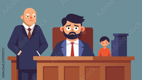 A courtroom scene with a judge sitting sternly behind the bench and a disheveled man in a suit standing at the defendants table. The mans
