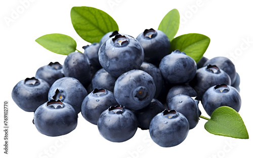 A breathtaking pile of plump blueberries adorned with delicate green leaves