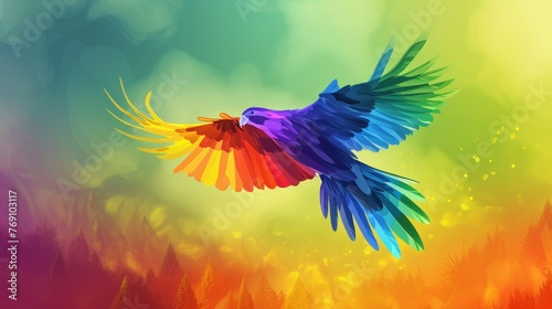 Colorful bird in flight against a vibrant background