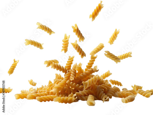 Falling fusilli pasta isolated on transparent background.