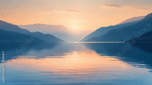 Tranquil Sunset Horizon Over Serene Lake and Silhouetted Mountains - A Peaceful Nature Escape