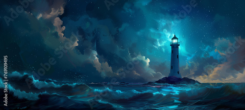 A lone lighthouse standing sentinel on a rugged coastline, its beacon piercing the darkness of the night with a steady guiding light