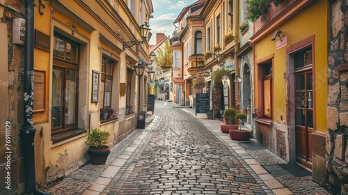 The timeless elegance of a cobblestoned street is captured here, lined with pastel-hued buildings and welcoming shopfronts..