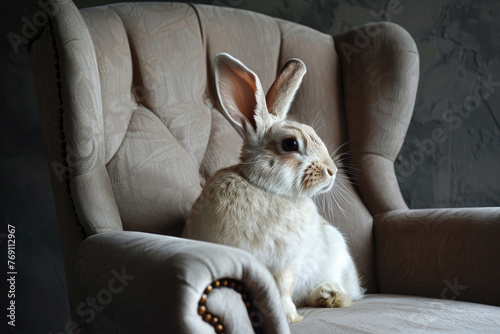 A purebred rabbit poses for a portrait in a studio with a solid color background during a pet photoshoot.