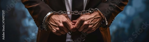 Close-up of a businessmans hands in handcuffs