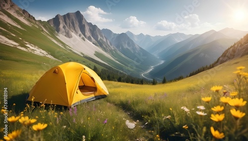 Camping tent in a mountain valley with wild meadow flowers on a background of mountains. Freedom travel and hiking in the mountains concept created with generative ai.