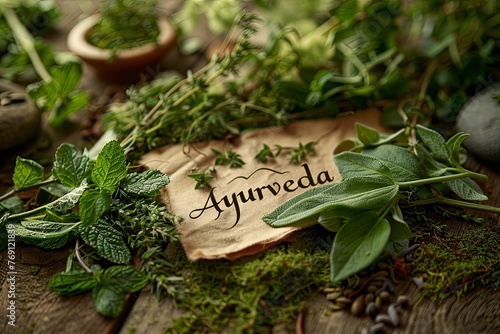 the inscription “Ayurveda” logo with medicinal Ayurvedic aromatic herbs and plants. rosemary, mint, lemon balm. Homeopathy. Homeopathic remedies. Created with AI