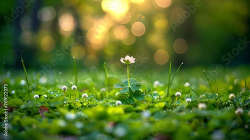  A delicate white blossom rests amidst a lush green expanse, adorned with dewy drops on the grass