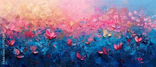  Painting of multi-colored flowers on a dual blue-pink background with a pink sky