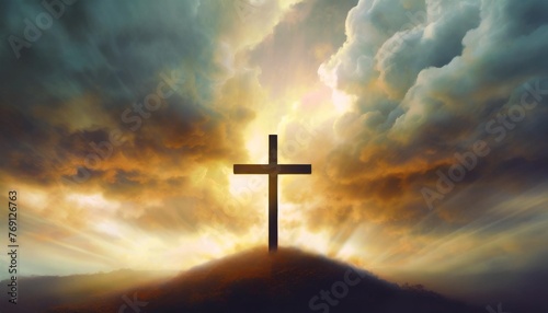silhouette of a cross against a background of thunderclouds and light calvary easter concept resurrection of jesus