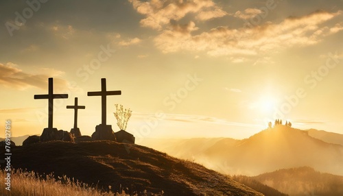 christian easter scene he is risen mount calvary and three silhouettes of crosses at sunrise banner for easter