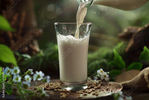 Fresh Milk Pouring into Glass Amid Nature