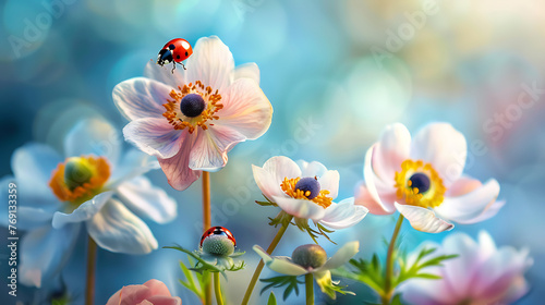 Beautiful flowers anemones and ladybug in spring nature outdoors against blue sky, macro, soft focus. Generative Ai