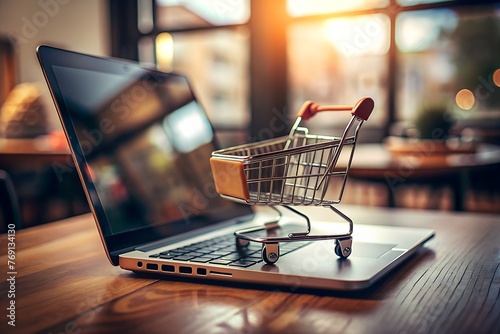 This vibrant illustration depicts the ease and accessibility of online shopping. A miniature shopping cart, rests playfully beside a sleek laptop screen.
