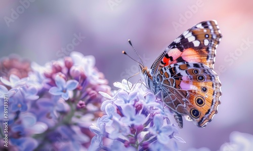 Close-up of a butterfly resting on lilac blossoms