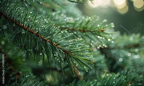 Close-up of pine needles covered in morning dew