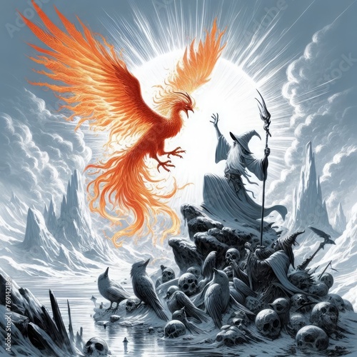 A digital art style illustration depicts a wizard summoning a phoenix from the depths of hell, showcasing a dramatic and mystical scene filled with fiery energy and magical prowess.