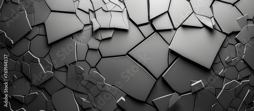 Monochrome abstract backdrop with fractured glass pieces and mosaic design.