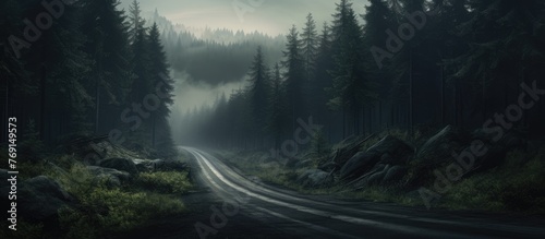 An eerie atmosphere surrounds a road cutting through a dense, fogfilled forest on a gloomy day, with leafless trees looming over the asphalt surface