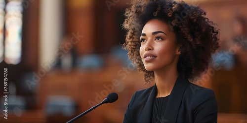 Black female lawyer presents case in court defending defendants rights before judge and jury. Concept Law, Justice, Legal System, Courtroom, Civil Rights