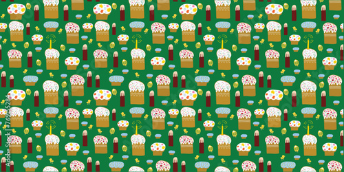 hand drawn seamless easter pattern with easter cakes easter eggs on green wallpaper
