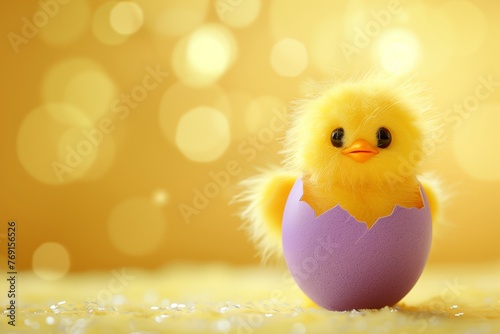 Un adorable polluelo emerge de un huevo pastel, su pelusa brillante con rocío en el cálido resplandor de la mañana de Pascua, simbolizando nuevos comienzos y alegría.