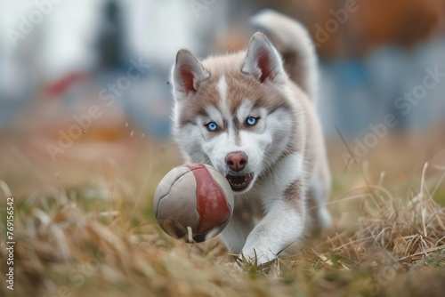 Un husky con ojos azules penetrantes se concentra en su objetivo, cada músculo tenso con anticipación, mientras maniobra expertamente un balón de fútbol a través del pasto otoñal.