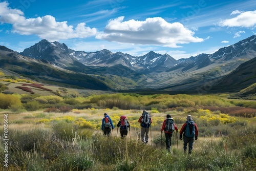 Un grupo de aventureros recorre un valle exuberante, enmarcado por la majestuosidad de picos imponentes, su viaje es un interminable juego entre la naturaleza salvaje y el espíritu de exploración.