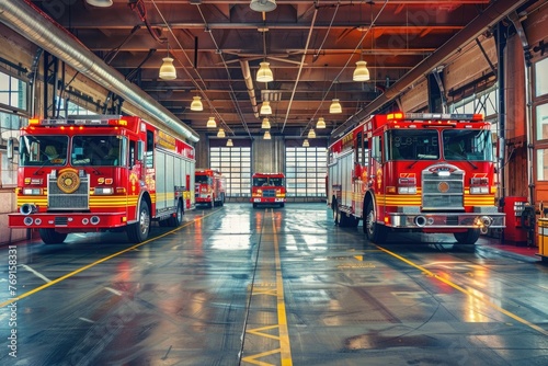 Interior of a fire station with fire trucks