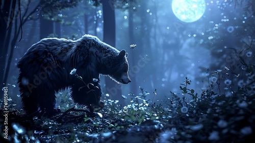 an enchanting 70mm film still featuring a bear moving gracefully through a wooded glade, bathed in the magical glow of moonlight