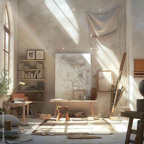 an illustration capturing the unique blend of modernity and tradition in the interior design of an artist studio in AlUla, Saudi Arabia, with a white theme and morning sunlight casting a warm glow